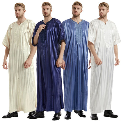 Middle Eastern Muslim Men's Striped Middle Sleeve Embroidered Robe Half Sleeve Arabic Costume Traditional Men's Robe