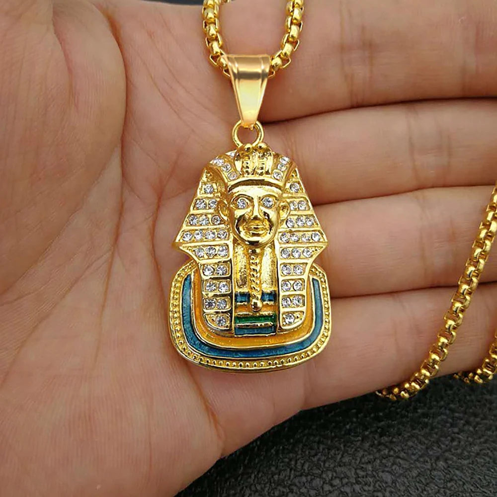 Iced Out Pharaoh Pendant – Gold-Tone Stainless Steel Egyptian Necklace for Men & Women