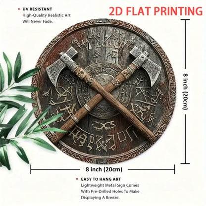 Viking Shield Axe Wall Art Decor 8" Iron Plaque for Outdoor Indoor Viking Theme