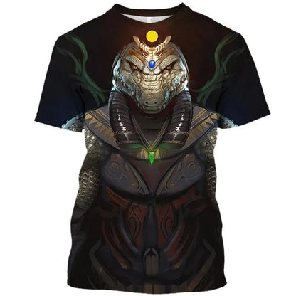Golden Pharaoh & Anubis T-Shirt – Men's Egyptian Print O-Neck Short Sleeve Tee