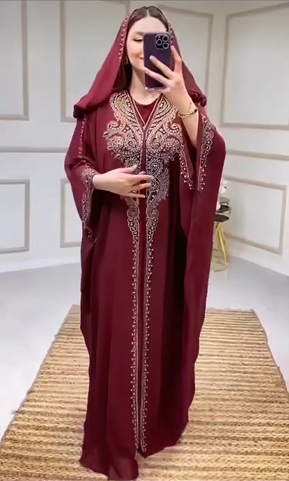 Beading Chiffon Maxi Dress Caftan Abaya Dubai Luxury Muslim Women Clothing Hijabs Femme Plus Size Hooded Long Dresses African