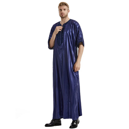 Middle Eastern Muslim Men's Striped Middle Sleeve Embroidered Robe Half Sleeve Arabic Costume Traditional Men's Robe
