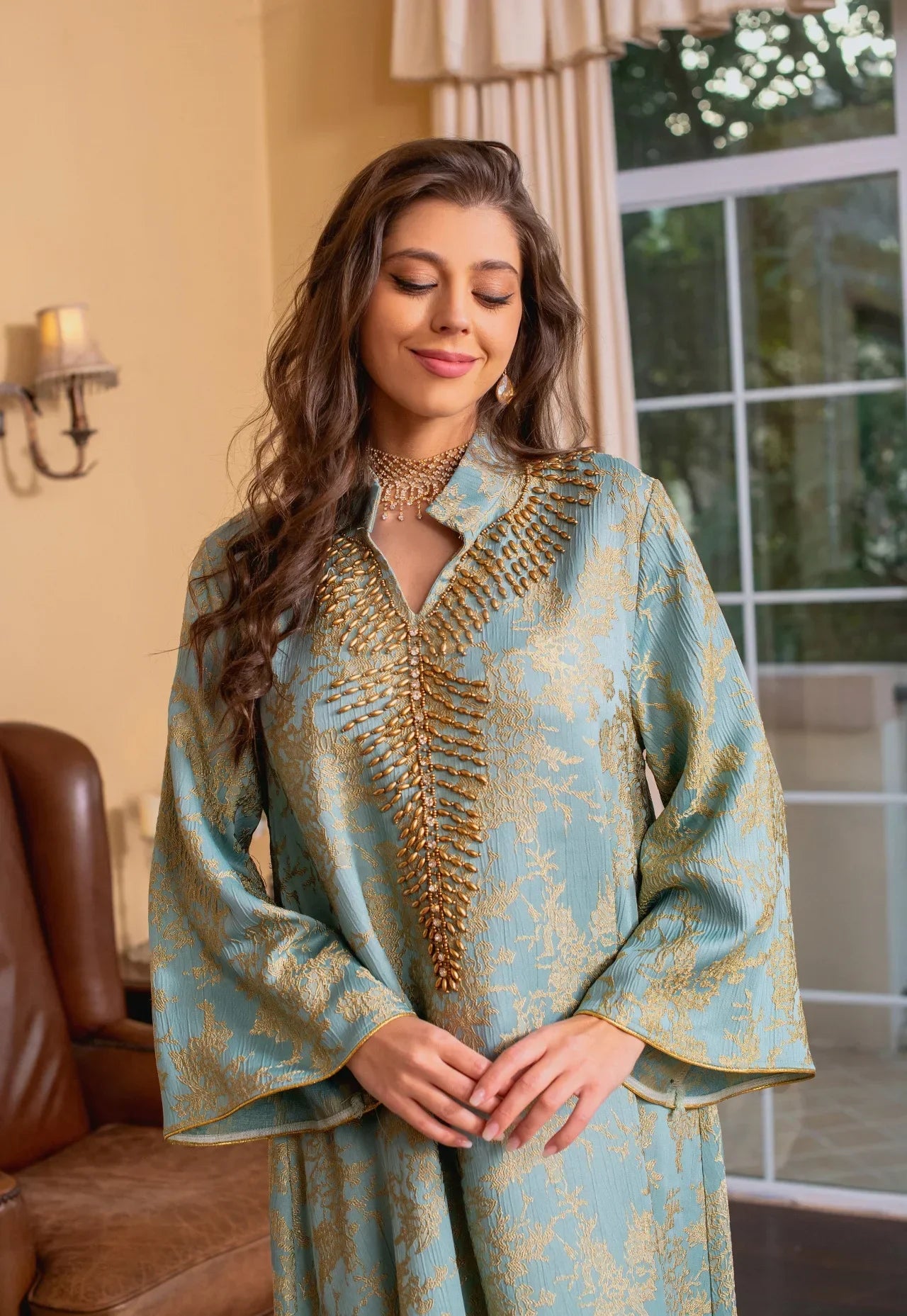 Eid Radiance – Beaded Collar Abaya for the Arab Woman in America