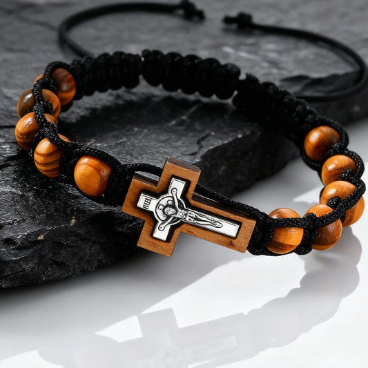 Crucifix Cross Beaded Bracelets for Men, Brown Wooden Bead Adjustable Woven Rosary Wristband,Religous Jewelry Gift for Dad Son