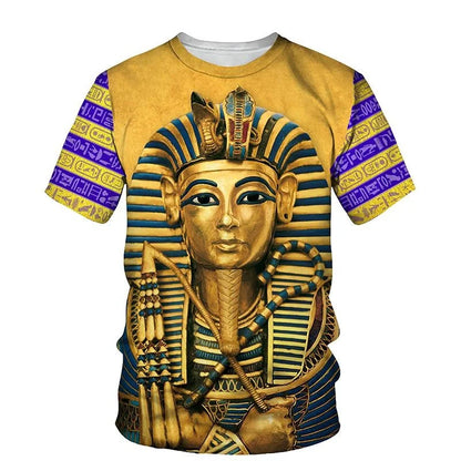 Golden Pharaoh & Anubis T-Shirt – Men's Egyptian Print O-Neck Short Sleeve Tee