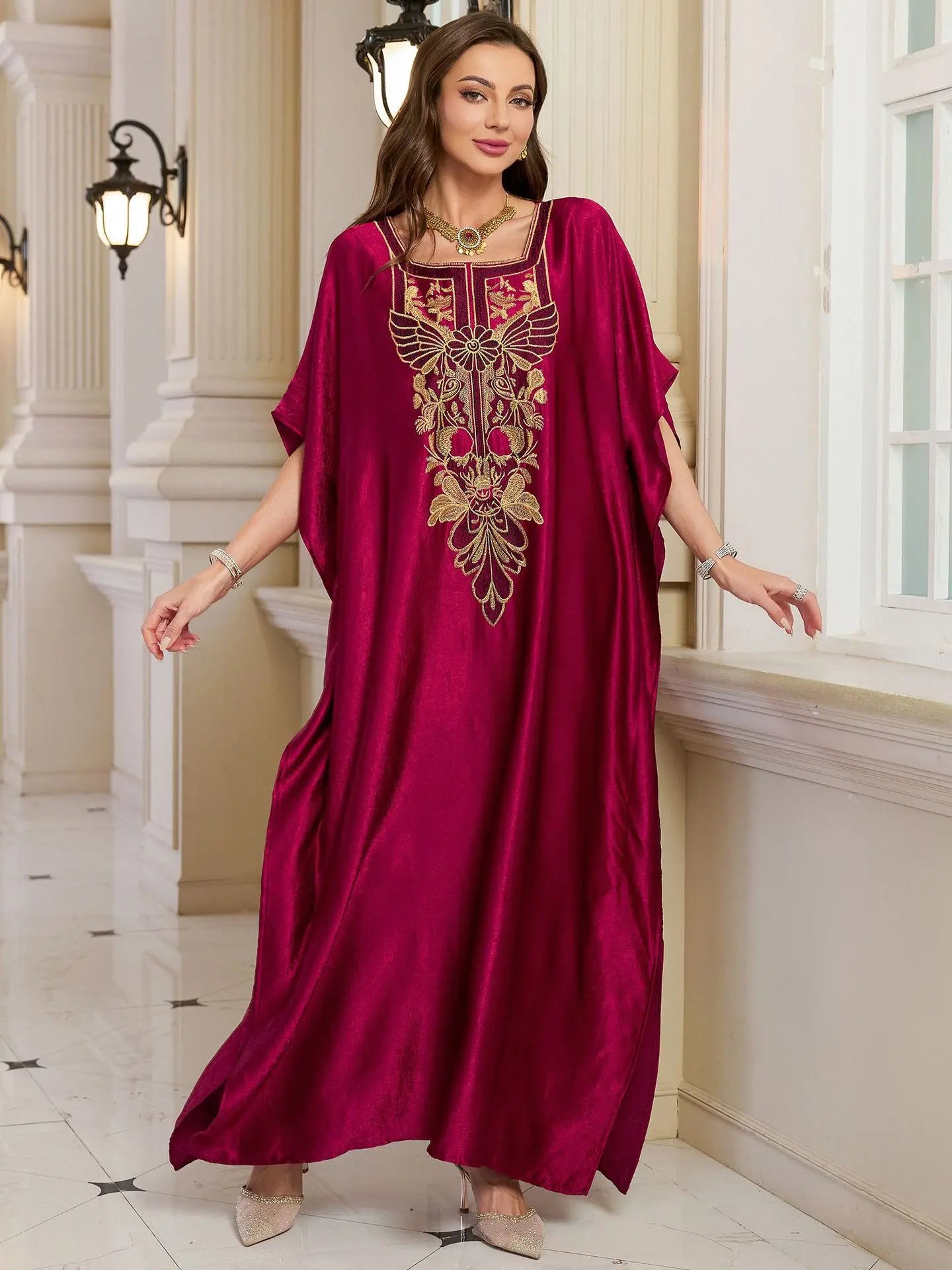 Beach Kaftans for Women Shining Material Embroidered Elegant Maxi Dresses Cover Ups for Swimwear Holiday Beachwear Bathing Suits