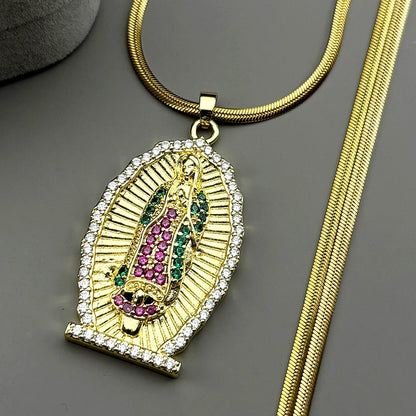 Catholic Virgin Mary Zircons Copper Pendant Necklace for Women Men Stainless Steel Gold Color Our Lady of Guadalupe Jewelry