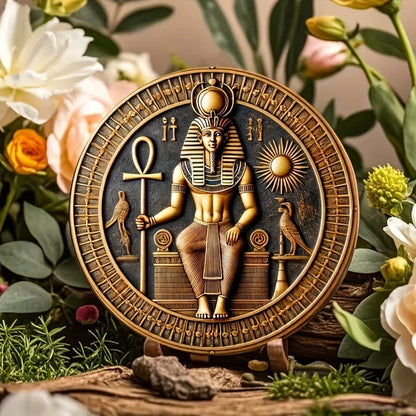 Round Wooden Pharaoh & Ankh Amon Wall Sign – 7.87-Inch Egyptian Heritage Decor