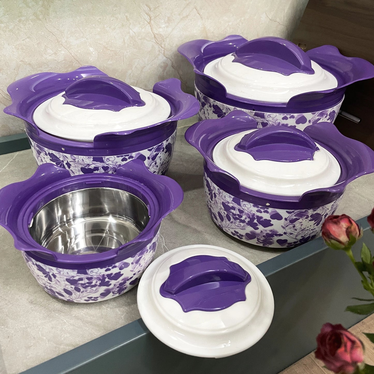 4 Pcs Colorful Insulated Stainless Steel Hot Pot Set Food Warmers Classic Round Lid Casserole Container Home Use Box Packing
