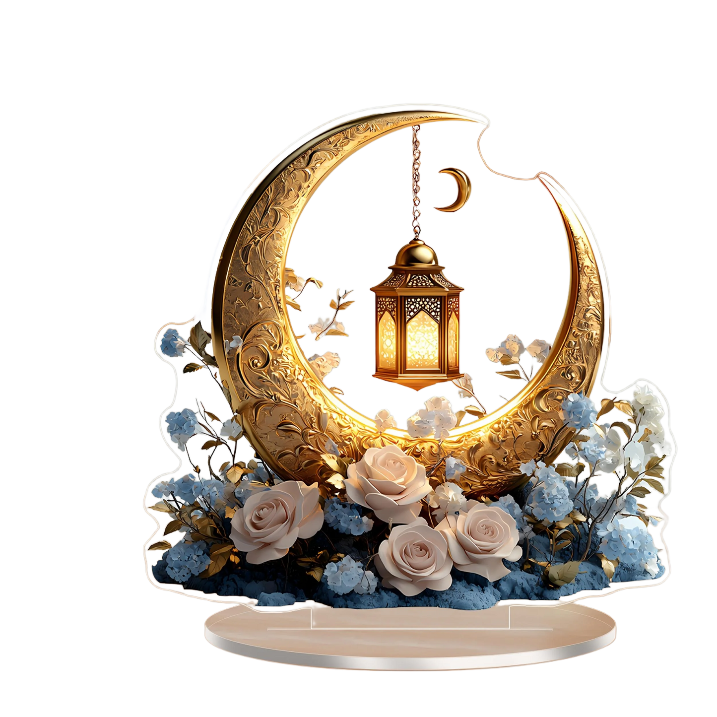 1PC 2D Elegant Eid Crescent Lantern and Flower Acrylic Decorative Sign with Base Home Office and Bedroom Desktop Decorations