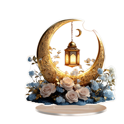 1PC 2D Elegant Eid Crescent Lantern and Flower Acrylic Decorative Sign with Base Home Office and Bedroom Desktop Decorations