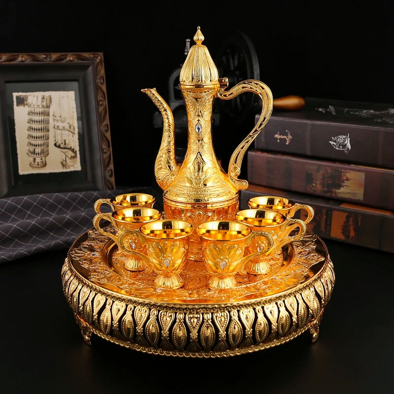Metal Arabic Coffee Set – 6 Cups, Serving Tray & Pot for Home & Banquets