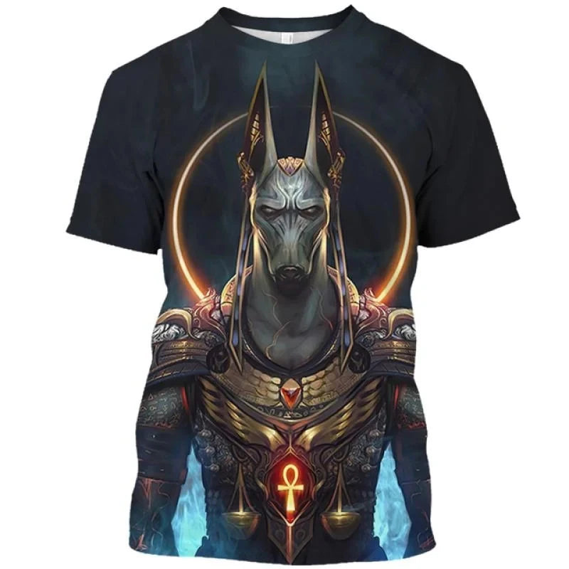 Golden Pharaoh & Anubis T-Shirt – Men's Egyptian Print O-Neck Short Sleeve Tee