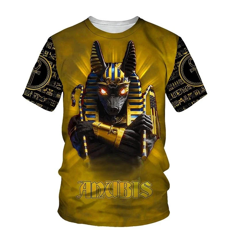 Golden Pharaoh & Anubis T-Shirt – Men's Egyptian Print O-Neck Short Sleeve Tee