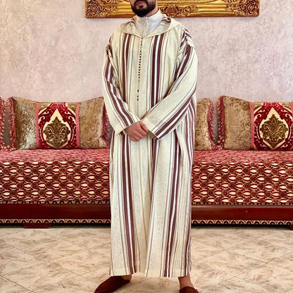 New Muslim Jubba Thobe Clothes Men Hoodie Ramadan Spring Autumn Abaya Dubai Turkey Islamic Clothing Male Casual Loose Red Stripe