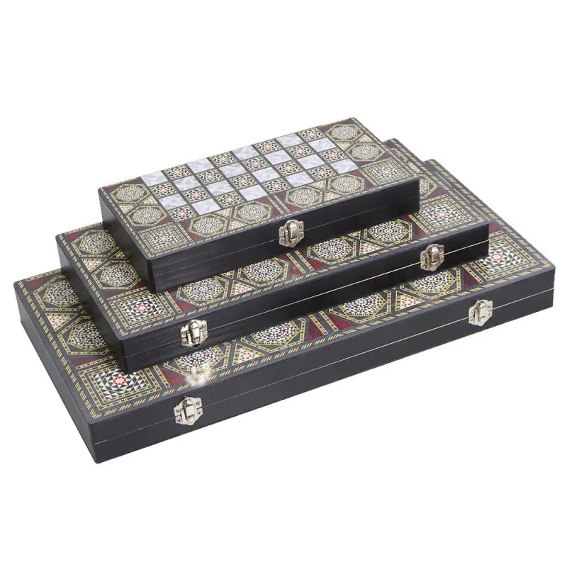Luxury Knight Wooden 3-in-1 Chess Backgammon Foldable Intellectual Entertainment Game Portable Board Multiple Modes