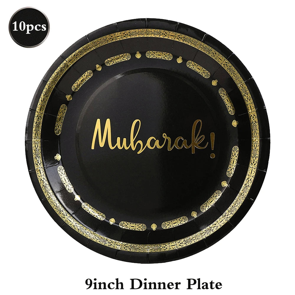 Eid Mubarak Ramadan Kareem Party Black Gold Paper Plates Cup Napkins Mubarak Umrah Banner for Islamic Muslim Festival Decoration