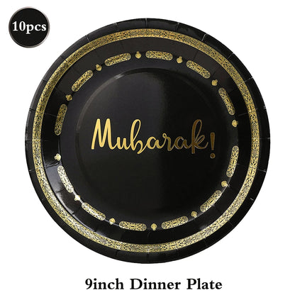Eid Mubarak Ramadan Kareem Party Black Gold Paper Plates Cup Napkins Mubarak Umrah Banner for Islamic Muslim Festival Decoration