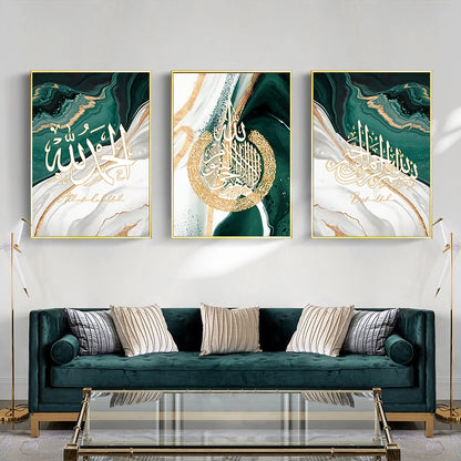 3pcs/Set Marble Green Gold Posters Islamic Calligraphy Canvas Print Allah Name Arabic Art Painting Muslim Pictures Home Decor