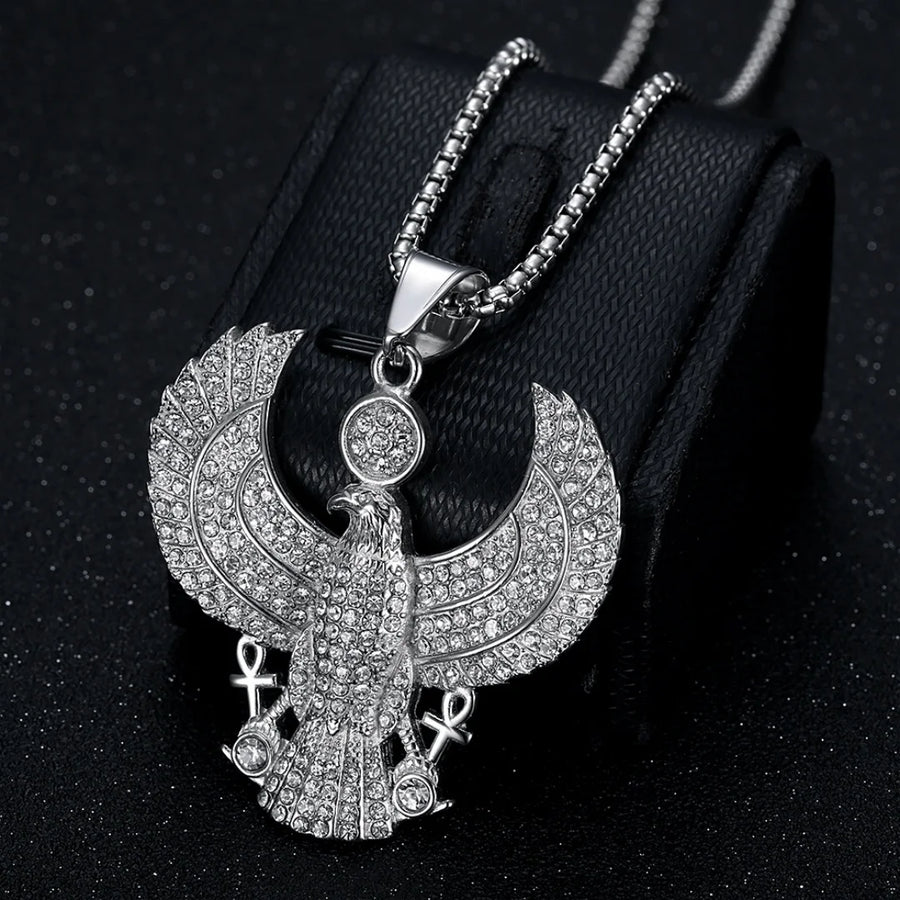Iced Out Egyptian Ankh & Eagle Pendant – Stainless Steel Pharaoh Necklace for Men & Women