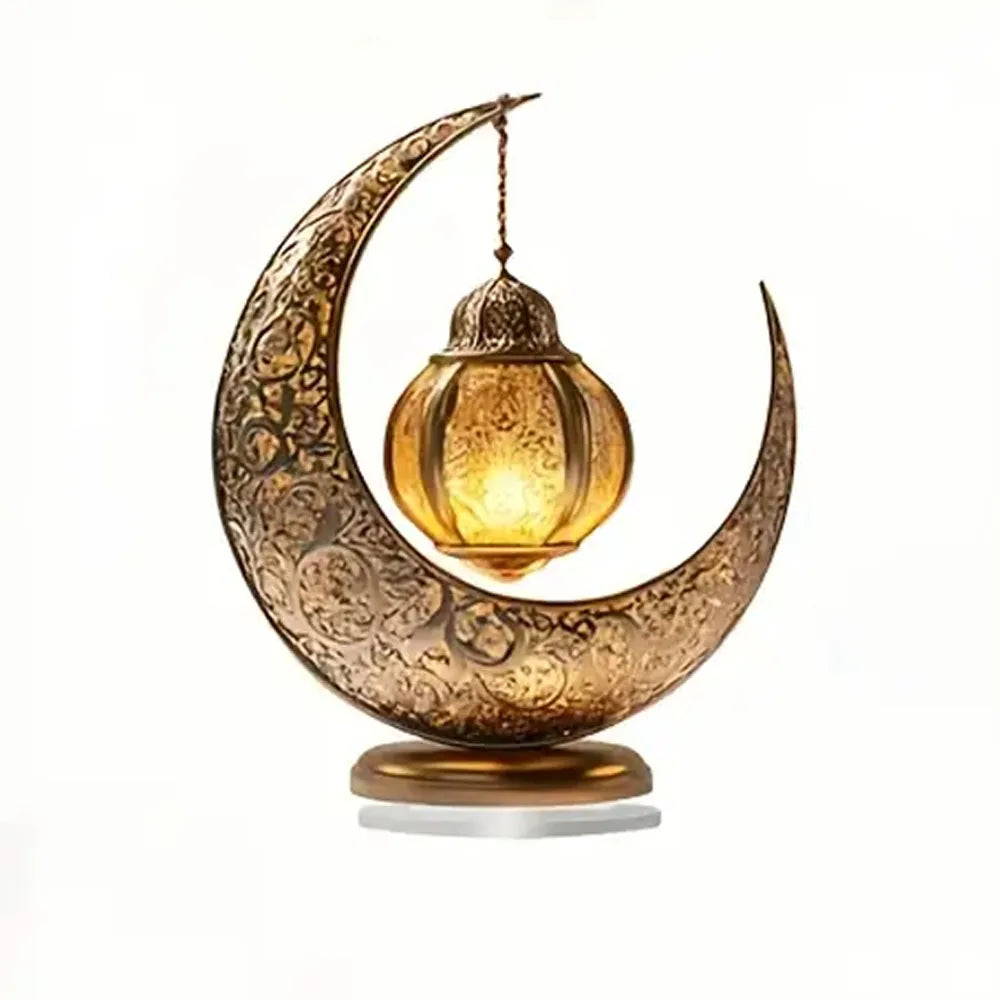 2D Flat, Elegant Acrylic Eid al-Fitr Tabletop Decoration - Classic Crescent Moon with Intricate Patterns and Glowing Ornament
