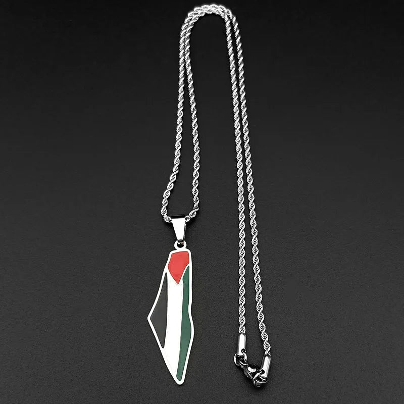 Arabic Islamic Palestine Map Flag Pendant Necklace for Women Men Stainless Steel Gold Color Palestinians Country Chain Jewelry