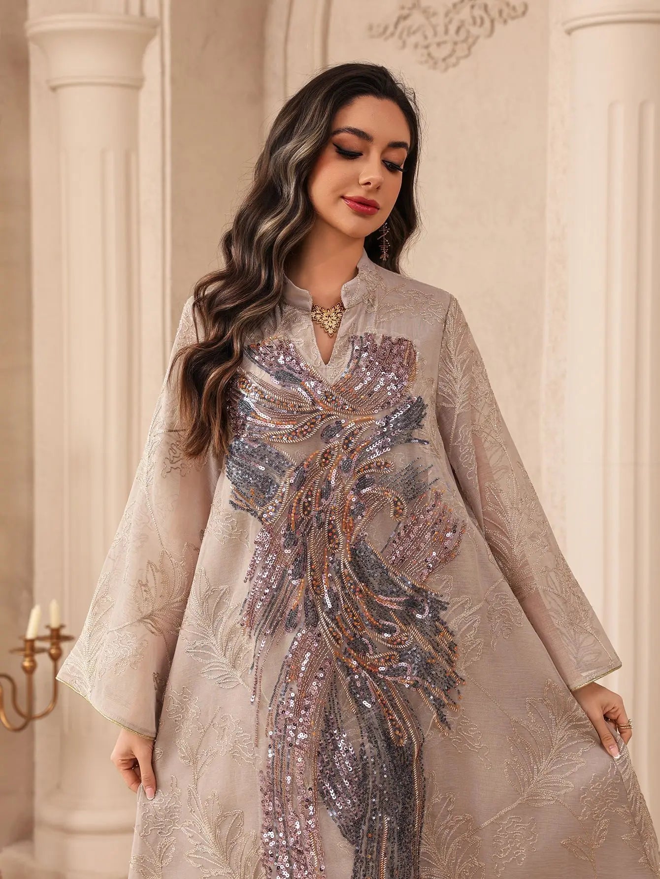 Zahraa Dubai Sequins Luxury Woman Evening Dress Mesh Embroidered Abaya V-Neck Caftan Marocain Femme 2026