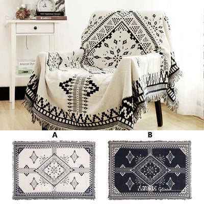 Retro Plaid Winter Cotton Linen Woven Line Blanket Sofa Towel Knit Thickened Warm Pad Mat Bohemian Boho Throw Travel Bedspread