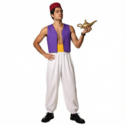Anime Adult Aladdin Prince Costume Arabian Nights Cosplay with Belt and Hat for Halloween Party Performance God's Lamp Party Cos
