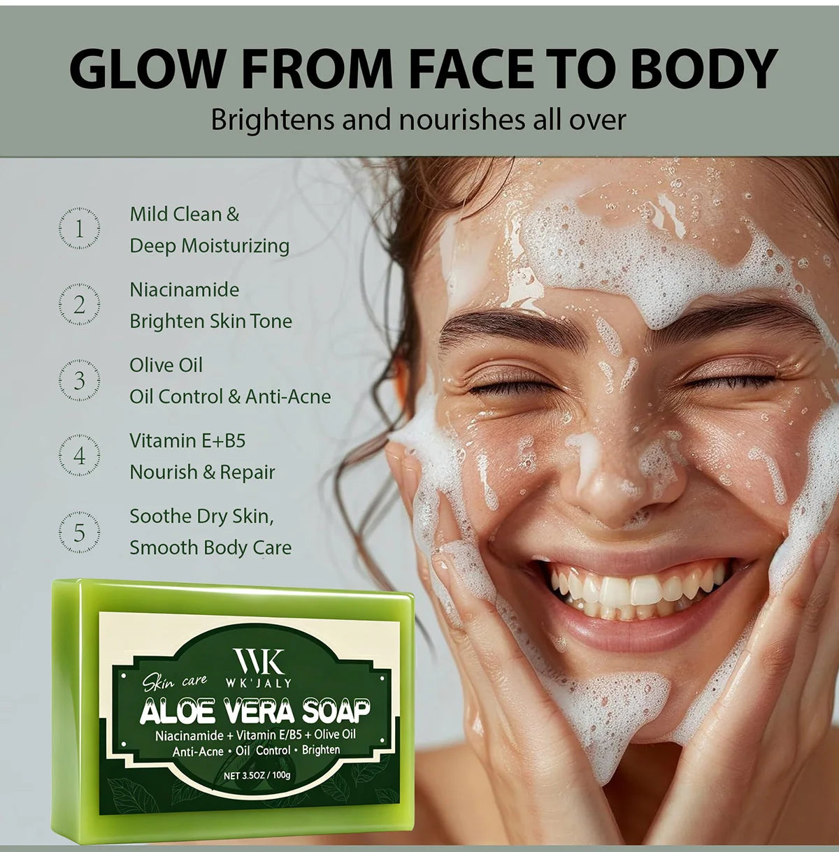 WK Natural Aloe Vera Soap, Clean Skin, Anti Acne, Oil Control, Brighten, With Niacinamide, Vitamin E, Olive Oil, For Face, Body