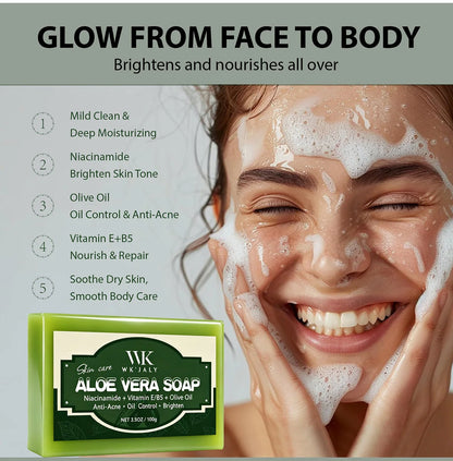 WK Natural Aloe Vera Soap, Clean Skin, Anti Acne, Oil Control, Brighten, With Niacinamide, Vitamin E, Olive Oil, For Face, Body