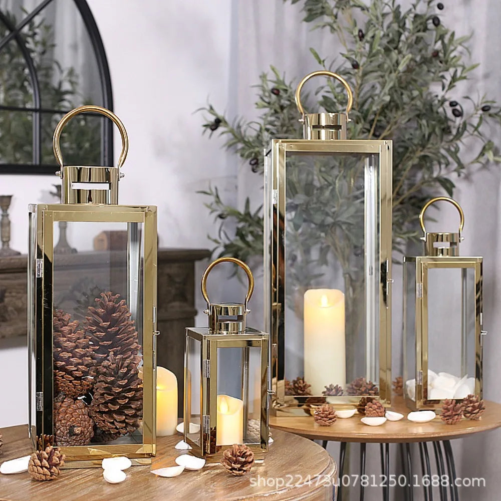 Stainless Steel Lantern Candlestick Eid Mubarak LED Wind Lamp Decor for Ramadan Kareem Aid Eid al-Fitr Home Wind Lantern Decor
