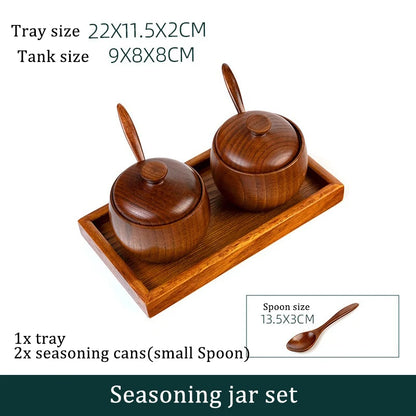 Wooden Seasoning Jar Creative Kitchen Retro Salt Sugar Pot Seasoning Storage Jar With Lid Spoon Wooden Tray Storage Containers