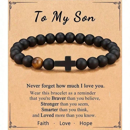 Elastic Natural Stone Beaded Cross Bracelet For Dad Godfather Husband Brother Faith Love Hope Gifts