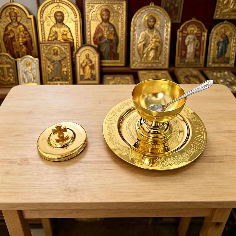 Gold-Plated Orthodox Communion Chalice Set – Holy Cup with Lid, Spoon & Paten