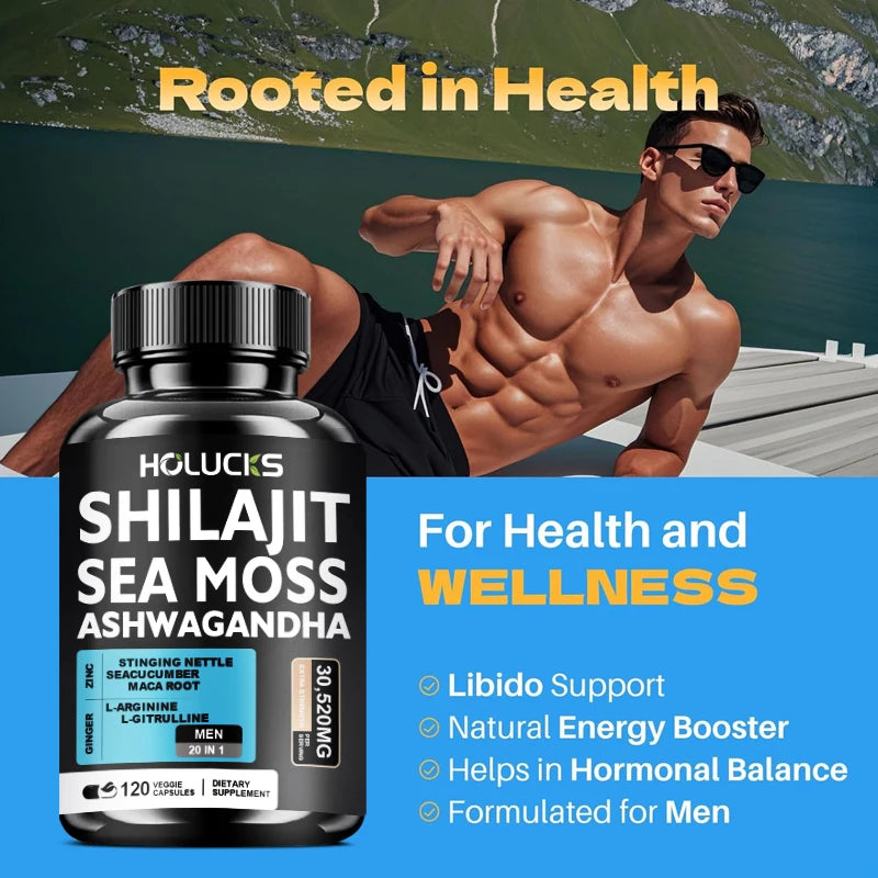Shilajit +Sea Moss Capsules for Men, Enhance Strength, Energy & Endurance, Improve Immune, Cognitive Boost, Promote Metabolism