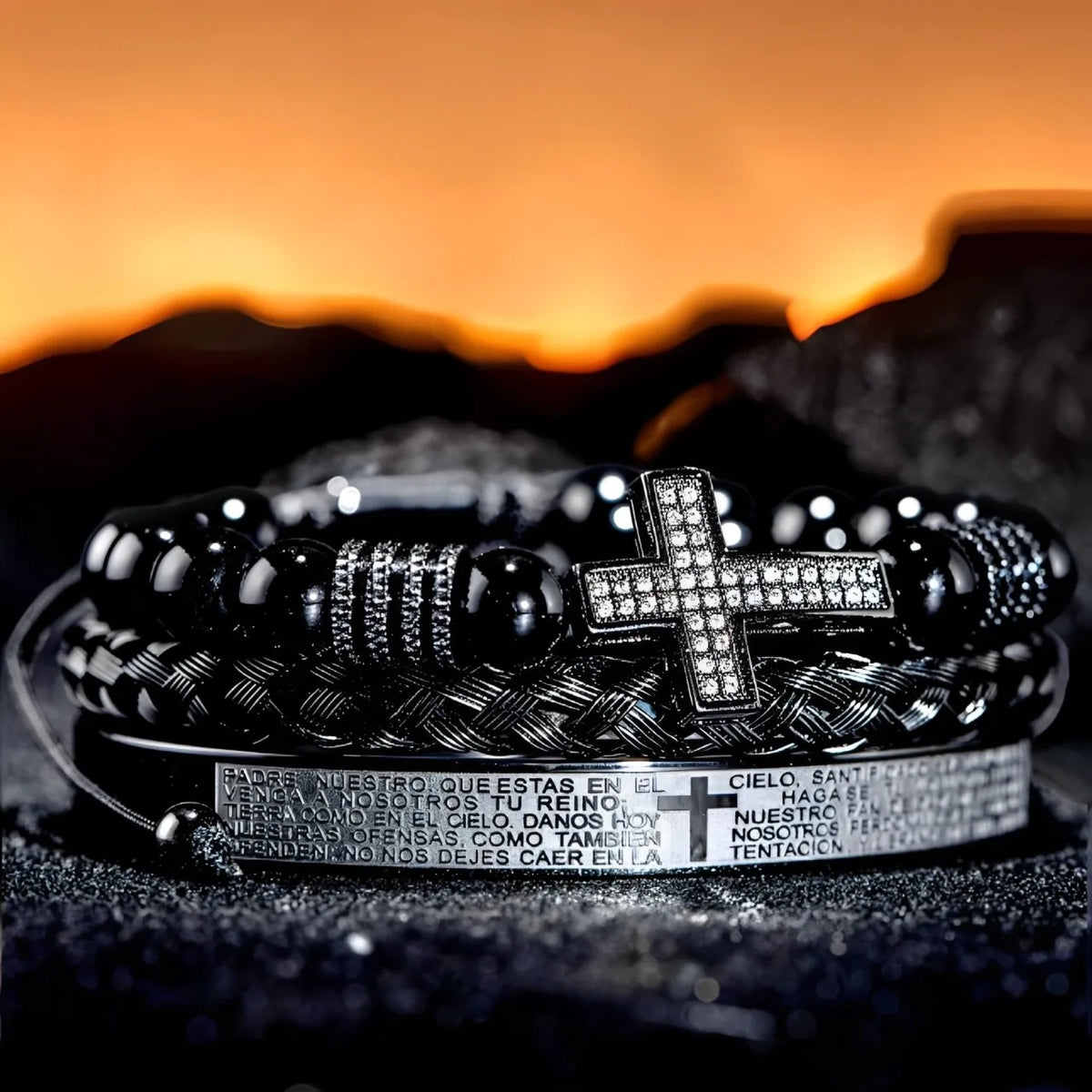 Men'S Vintage Black Onyx Beaded Bracelet with Synthetic Zirconia Cross, Bible Verses Stainless Steel Wristband Religious Jewelry