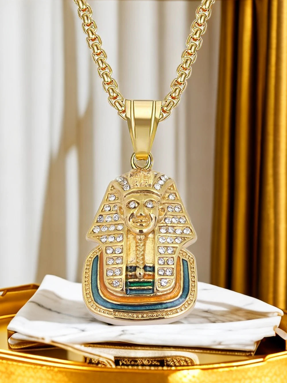 Iced Out Pharaoh Pendant – Gold-Tone Stainless Steel Egyptian Necklace for Men & Women