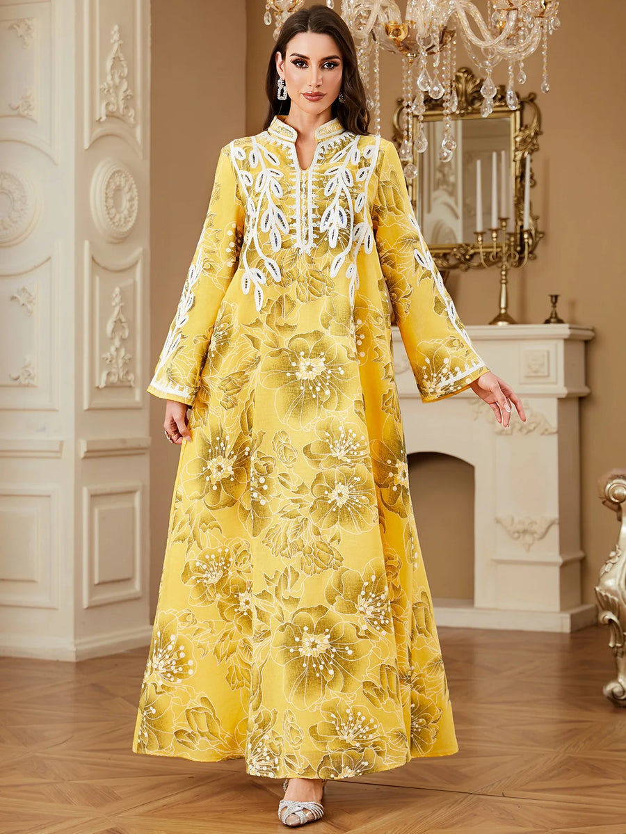 Zahraa – The Floral Stand Collar Kaftan for the Arab Woman in America