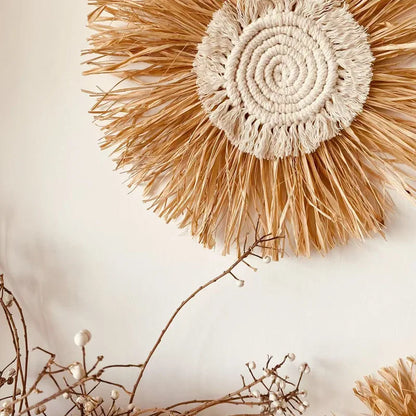 Raffia Woven Wall Hanging, Japanese Moroccan Style Grass Decor for Hotel B&B, Wooden Frame Wall Art