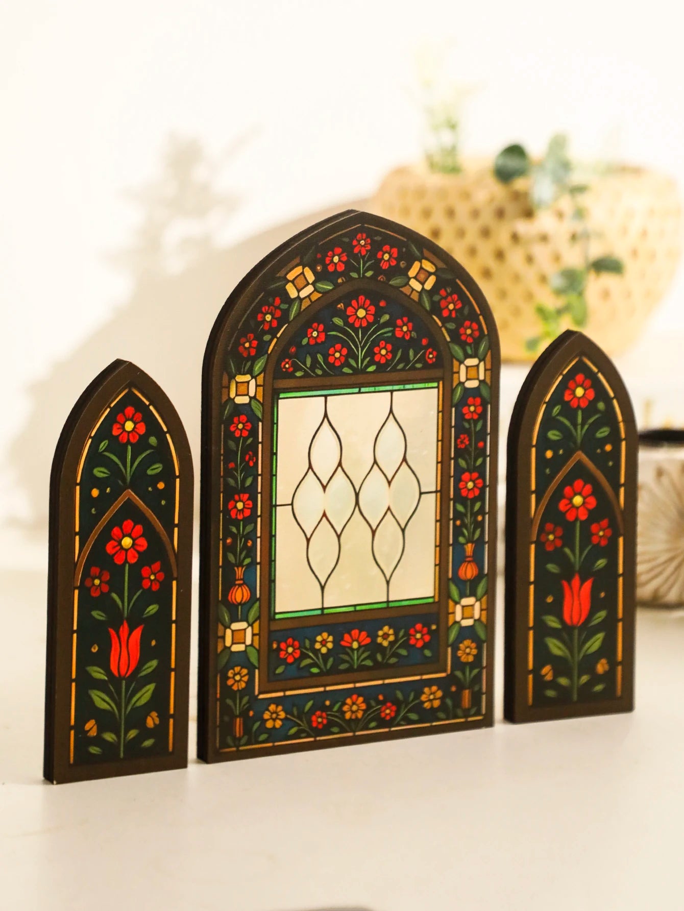 3Pcs/Set Islamic Geometric Arch Decor Golden & Floral Acrylic Table Ornaments Wooden Festive Home Decor for Ramadan & Eid Gifts