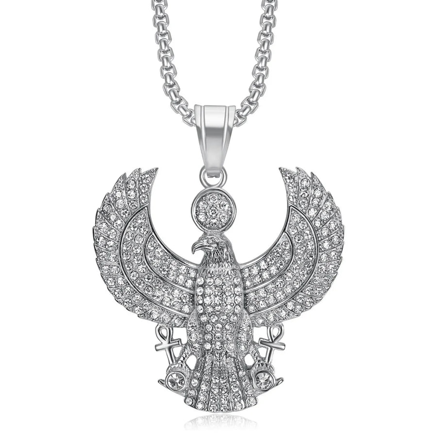 Iced Out Egyptian Ankh & Eagle Pendant – Stainless Steel Pharaoh Necklace for Men & Women