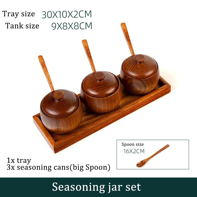 Wooden Seasoning Jar Creative Kitchen Retro Salt Sugar Pot Seasoning Storage Jar With Lid Spoon Wooden Tray Storage Containers