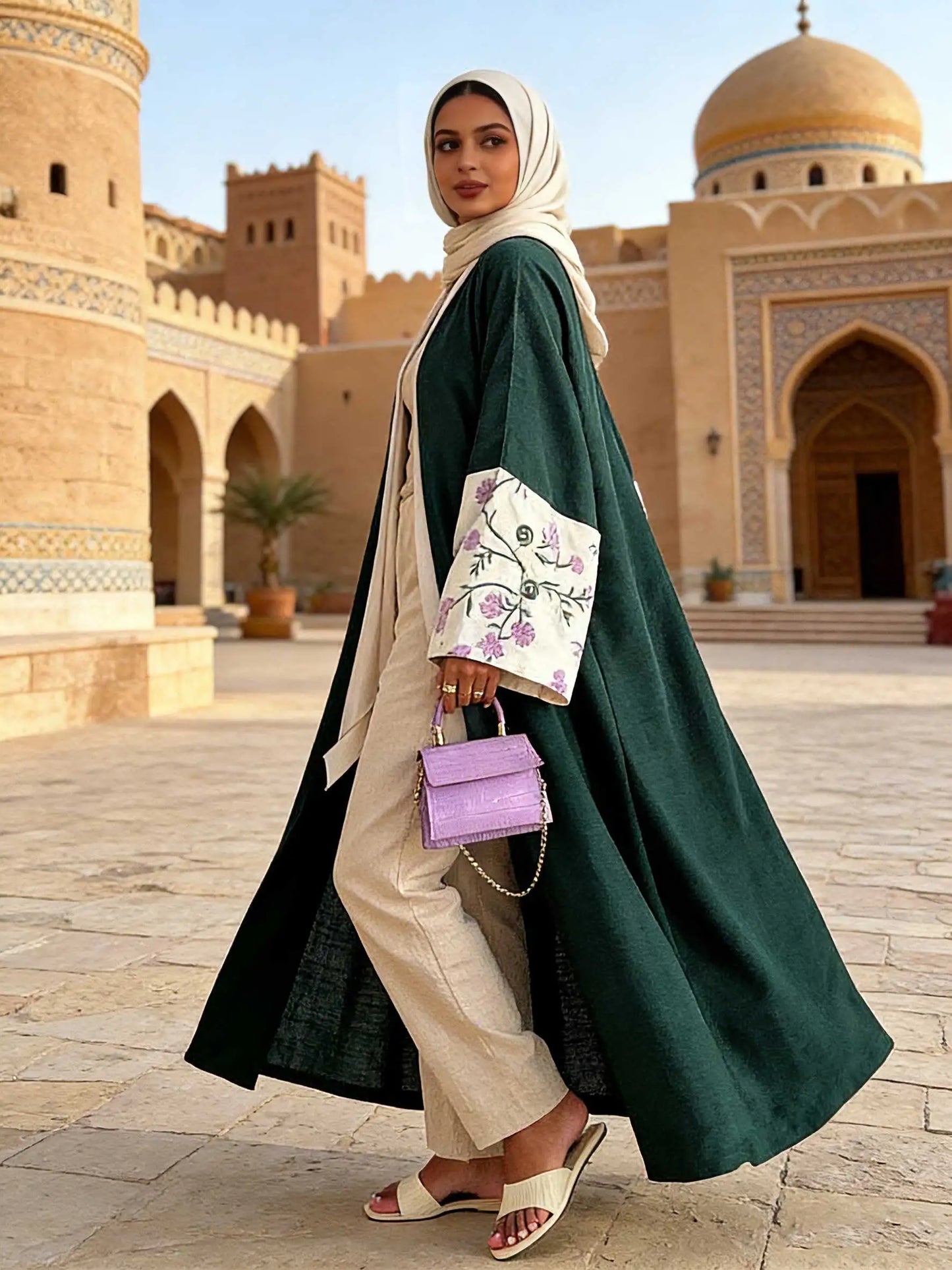 Chic Forest Green Open-Front Abaya Floral Embroidered Cuffs Set Women Muslim Moroccan Kaftan Ramadan Islam Dubai Arabic Robes