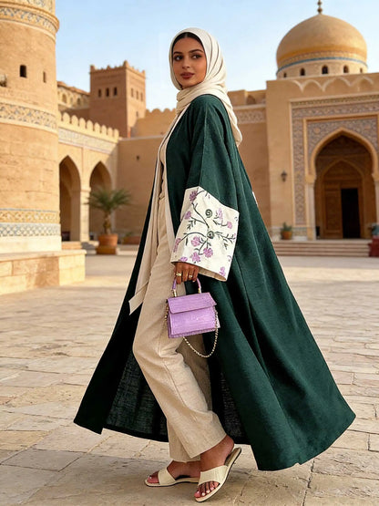 Chic Forest Green Open-Front Abaya Floral Embroidered Cuffs Set Women Muslim Moroccan Kaftan Ramadan Islam Dubai Arabic Robes