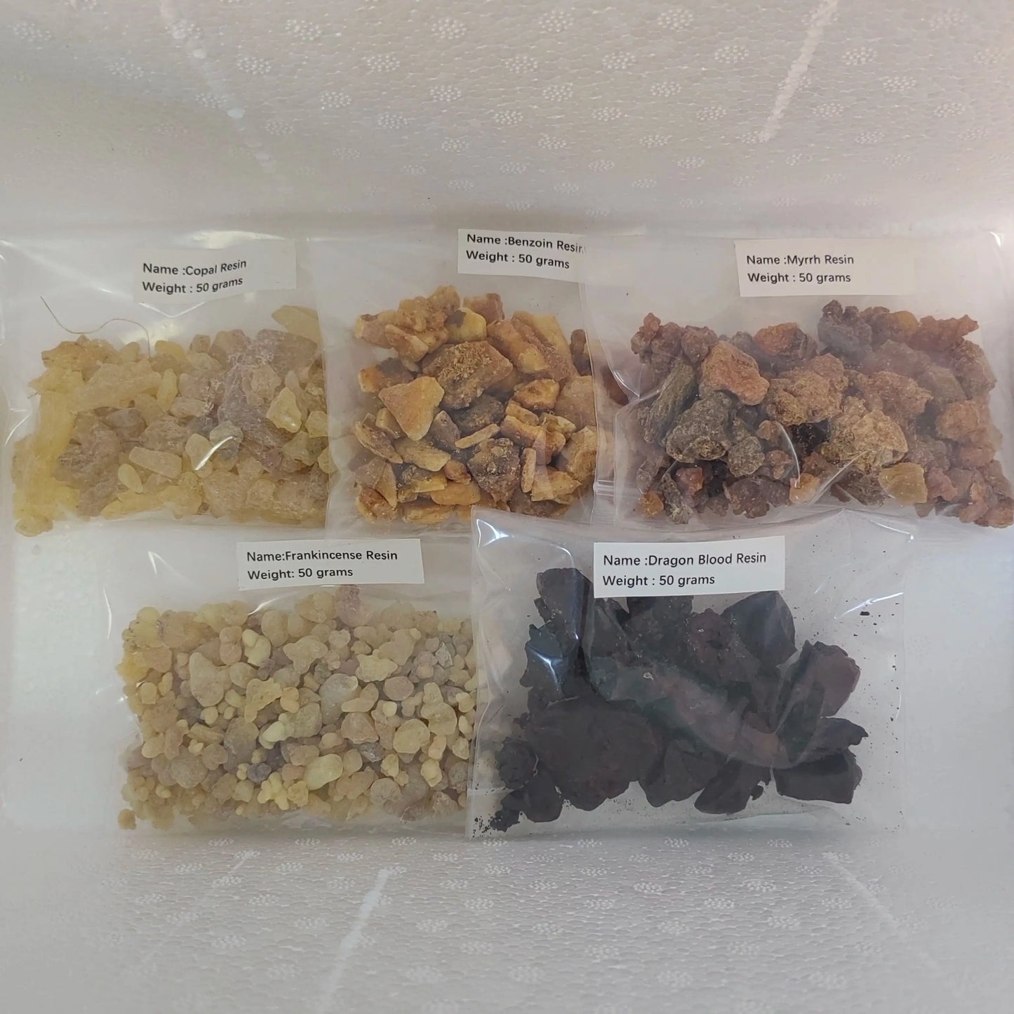 Resin Incense, Natural Tree Gum Sap -5x50g Variety Pack Including Frankincense and Myrrh Copal Benzoin Dragon's Blood