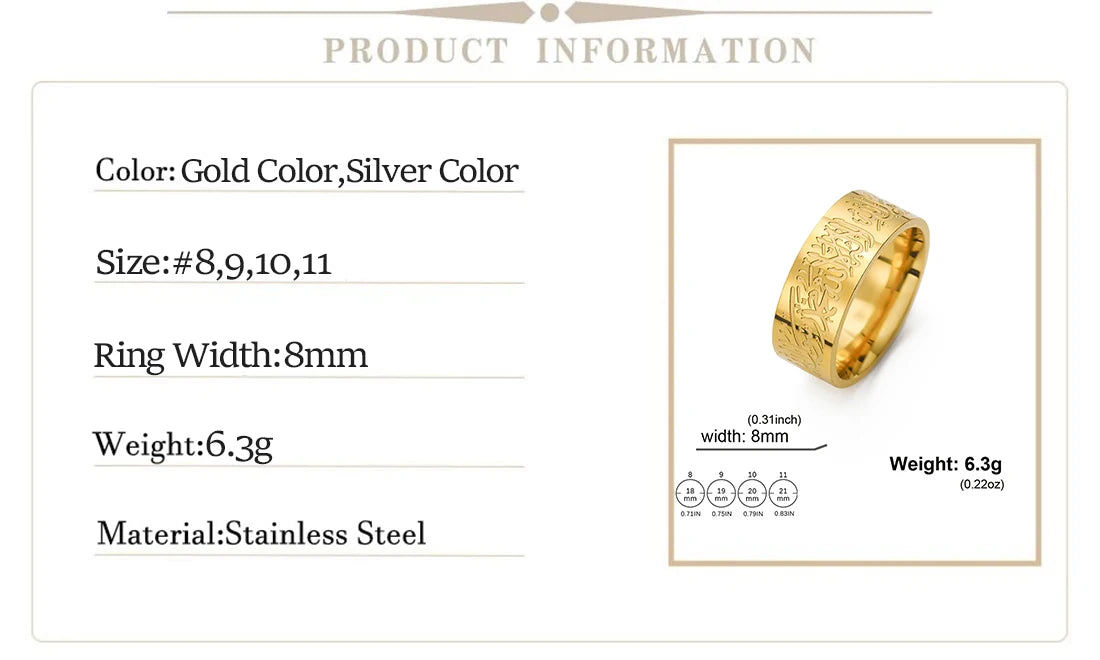 EUEAVAN Muslim Arabic Letter Ring Stainless Steel Islam Allah Prayer Engraved Rings Women Men Religious Amulet Eid Jewelry Gifts