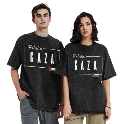 Funny Gaza Palestine Flag T-Shirt Men Round Neck Cotton Washed T Shirt  Short Sleeve Tees Party Clothing