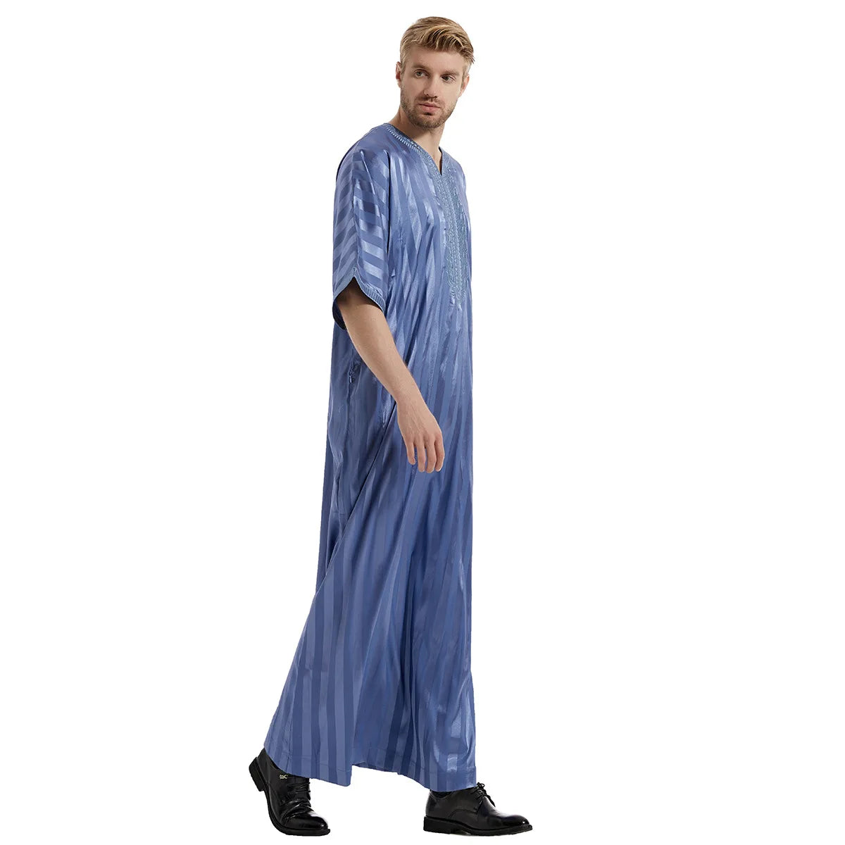 Middle Eastern Muslim Men's Striped Middle Sleeve Embroidered Robe Half Sleeve Arabic Costume Traditional Men's Robe