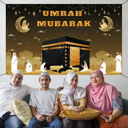 Large Umrah Mubarak Banner Backdrop Hajj Kaaba Background Ramadan Decorations for Home Islamic Muslim Eid Al-Fitr Party